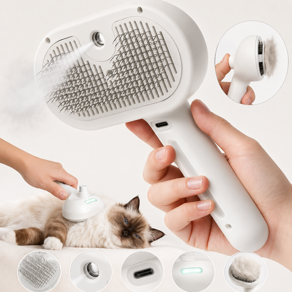 Self-cleaning spray grooming brush held in hand with a calm ragdoll cat, feature close-ups