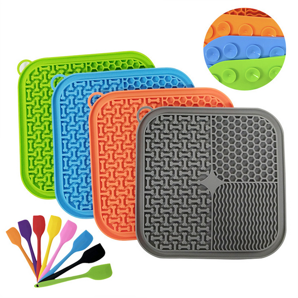 Calming Silicone Lick Mat with scraper and suction cups for dogs and cats โ slow-feeding enrichment mat in blue, green, grey and orange