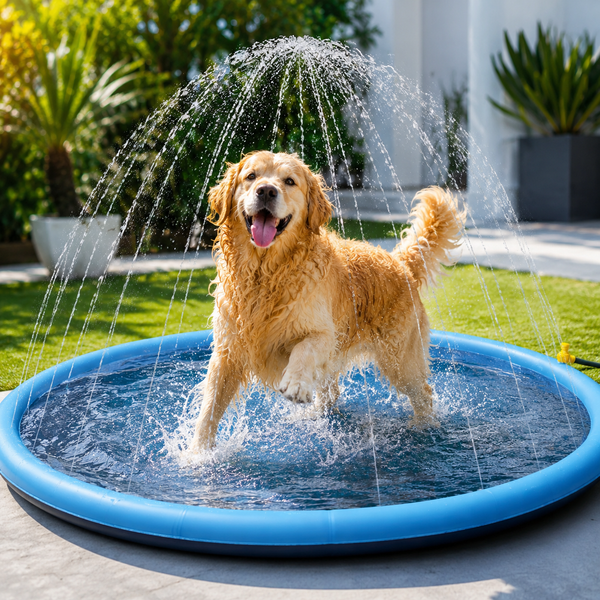 Golden retriever playing in a blue splash and sprinkler pad in the garden
