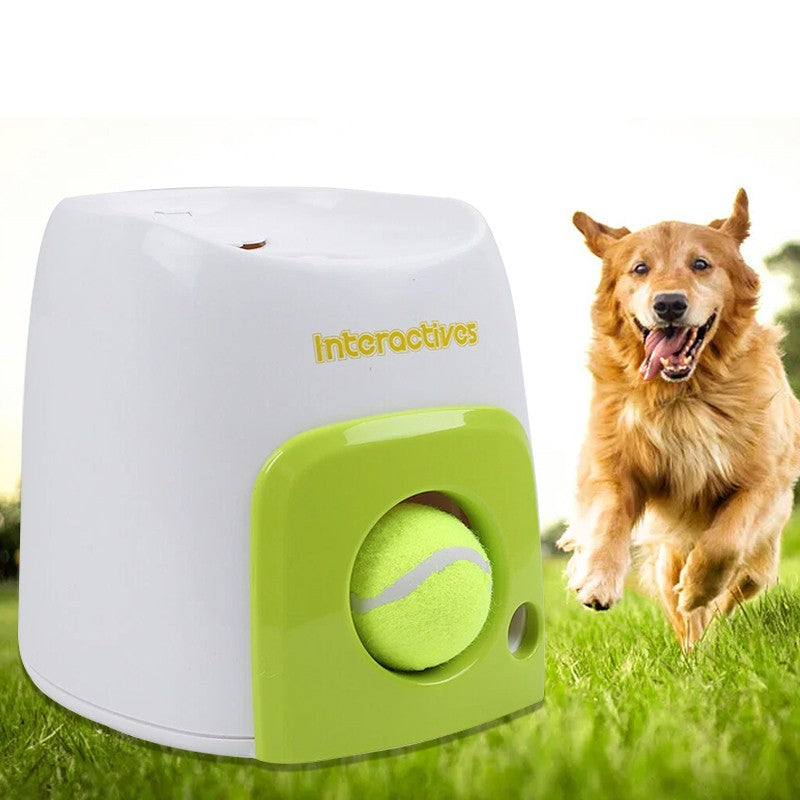 Fetch & Reward Automatic Ball Launcher for dogs — interactive treat-dispensing ball thrower, white and green