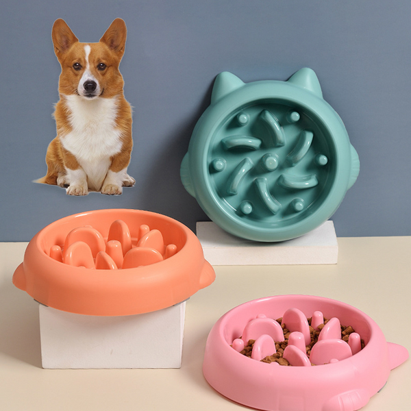 Anti-Gulp Slow Feeder Bowl with maze design to slow fast-eating dogs and cats, shown in green, pink and orange