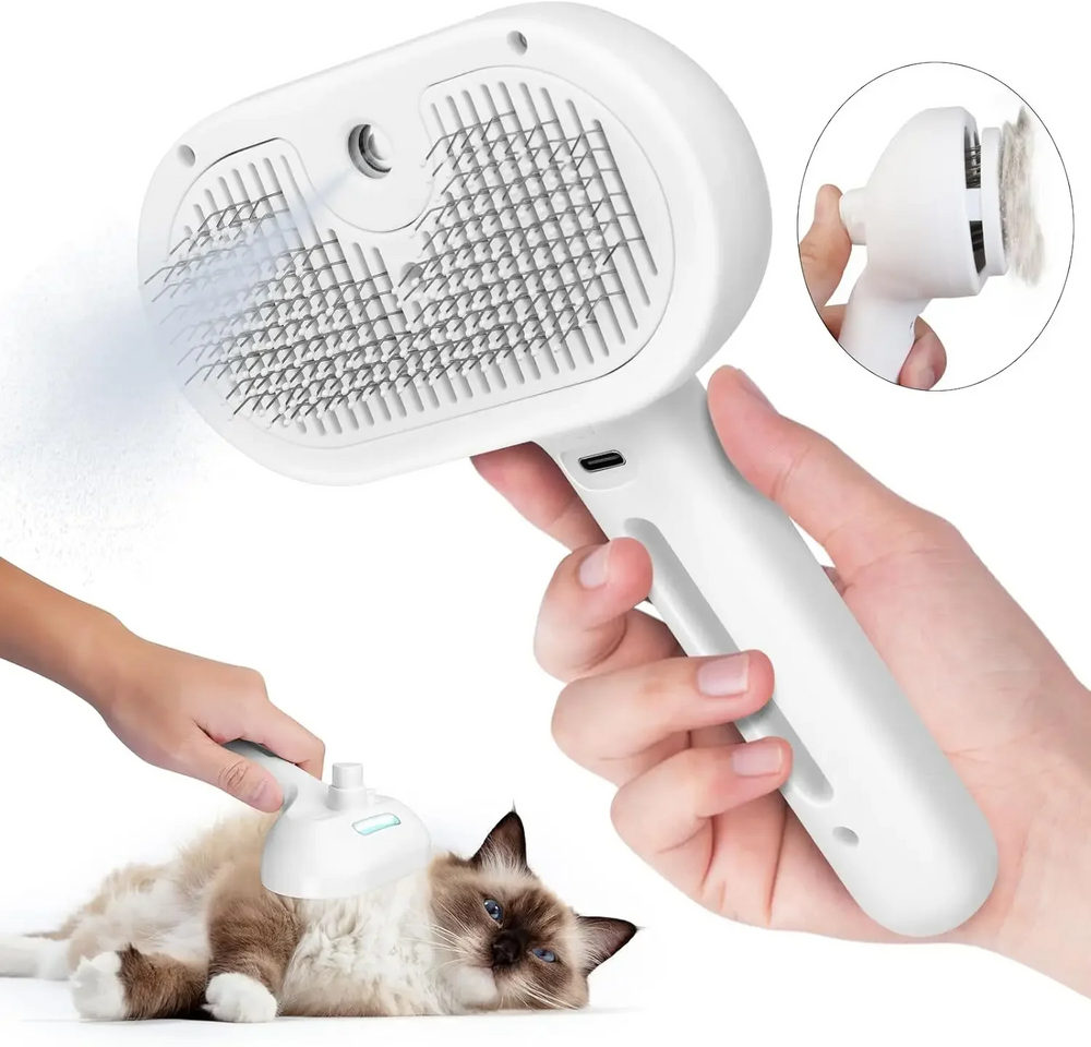 Self-Cleaning Spray Grooming Brush with water-mist function for dogs and cats, shown in green, pink and white