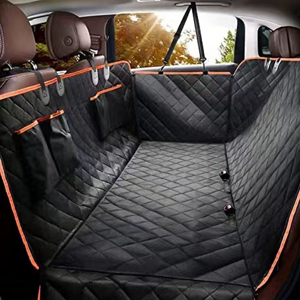 Waterproof Dog Car Seat Cover — quilted hammock-style back-seat protector with orange trim, also in all black